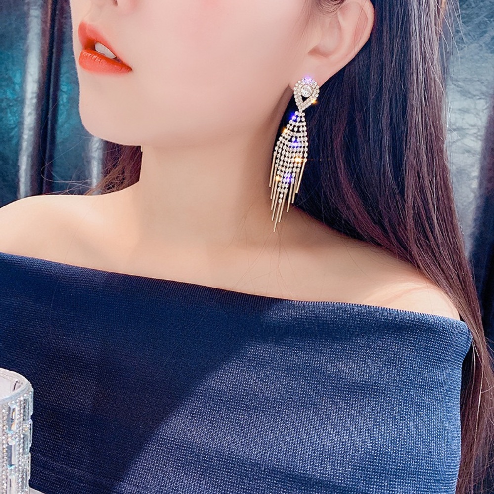 tassel fringe crystal rhinestone drop earrings - Picture 4 of 4